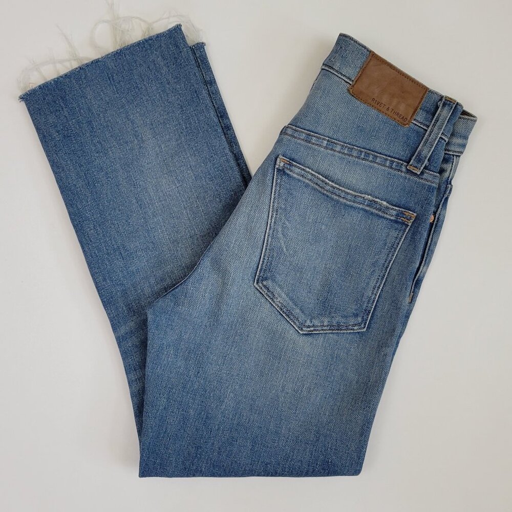 Rivet & Thread High Rise Straight Crop Button Up Raw Hem Jean